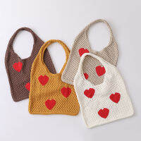 INS Design Love Hollow Knitting กระเป๋าสะพายไหล่แบบพกพาสำหรับเด็กกระเป๋าผ้าสไตล์เรียบง่ายแนวอาร์ตๆสไตล์ชิวๆสำหรับวันหยุดพักผ่อนริมชายหาด