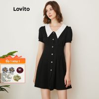 Lovito Preppy ชุดเดรสคอปก สีกรมท่า L24AD165 (สีดํา)