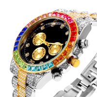 Rhinestone Watch Women Men Luxury Full Micro Pave Iced Out Colorful stones Cubic Zirconia Stainless Steel 3 Eyes Watches Men