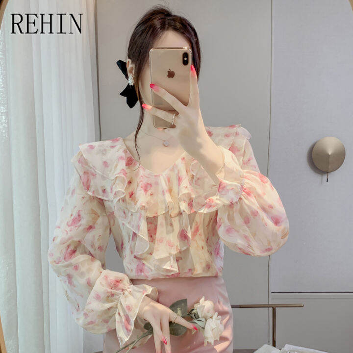 rehin-เสื้อเชิ้ตผู้หญิงแขนกระดิ่งคอวีแต่งระบายลายดอกไม้-เสื้อแขนยาวแฟชั่นใหม่ฤดูใบไม้ผลิ