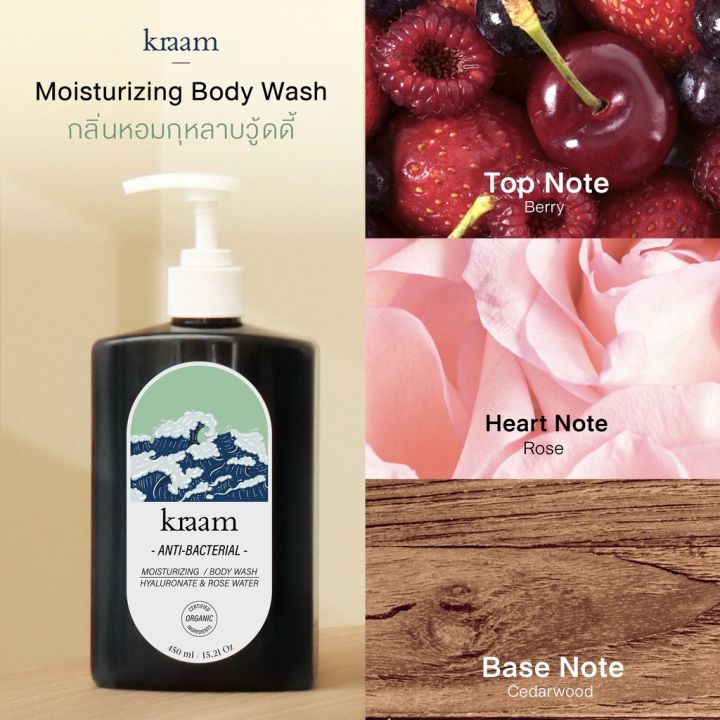 kraam-คราม-เจลอาบน้ำ-สูตรลดแบคทีเรียและล็อกความชุ่มชื้น-anti-bacterial-moisturizing-body-wash-hyaluronate-amp-rose-water-450ml