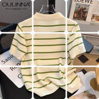 OULINNA เสื้อสเวตเตอร์ถักลายทางคอกลมผ้าไอซ์ซิลค์สำหรับผู้หญิง2023ฤดูร้อนเสื้อเอวลอยเก๋ไก๋และขนาดเล็กใหม่