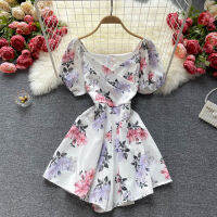 ผู้หญิงดอกไม้ Jumpsutis ฤดูร้อนแขนพัฟหวาน V คอกางเกงขาสั้นลำลอง Playsuits สุภาพสตรีเอวสูงชายหาด Boho Romper