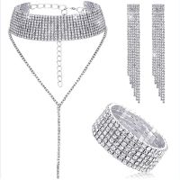 Women Crystal Jewelry Set Bridal Wedding Rhinestone Choker Bracelet Dangle Earrings