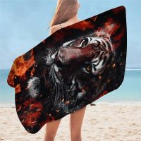 【cw】 angry Tiger on fire art Printed Beach Adults Dry Bathrobe ！