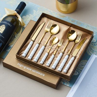 Ceramic Handle GoldenTableware Set Stainless Steel Fork Spoon Dinnerware Set gift package Cutlery Set