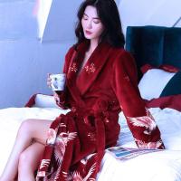 Women Flannel Bathrobe Sleepwear Winter Warm Nightwear Nightgown y Burdy Crane Wedding Robe Loose Thick Long Home Dress