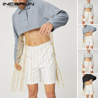 Beehoo INCERUN เสื้อเชิ้ตแขนยาวแต่งพู่ติดกระดุมสำหรับผู้ชาย (สไตล์ตะวันตก)