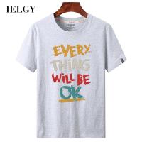 IELGY Sportyผ้าฝ้ายขนาดใหญ่เสื้อแขนสั้นลายตัวอักษรสีดำชายเสื้อยืดสบายๆฐานหลวม