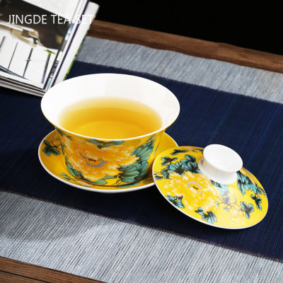 Chinese Style White Porcelain Gaiwan Home Ceramic Tea Set with Saucer Hand-painted Tea Bowl Tureens Teaware Supplies Tea Maker