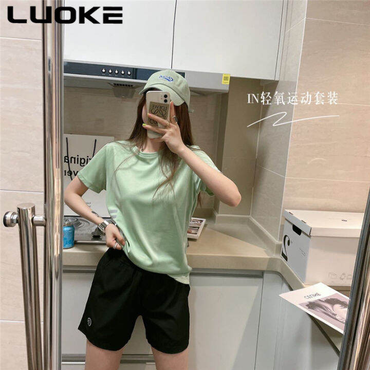 luoke-ฤดูร้อนใหม่เวอร์ชั่นเกาหลีของผู้หญิงระบายอากาศแห้งเร็วกางเกงขาสั้นแขนสั้นผู้หญิงสองชิ้น