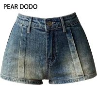 PEAR DODO อเมริกาแบบย้อนยุค Celana Pendek Denim ทรงเอสำหรับผู้หญิง