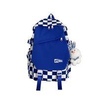 [Genuine] Ulzan Harajuku Travel Womens Bag Korean Fashion 2022 New Style High School College Student Female Clein Blue Checked Backpack Large Capacity