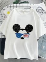 ฤดูร้อนง่าย Mickey เมาส์แว่นตากันแดดกราฟิกผู้หญิงเสื้อ T Cool Disney แนวโน้ม Harajuku O-Neck เสื้อยืด S-5XL