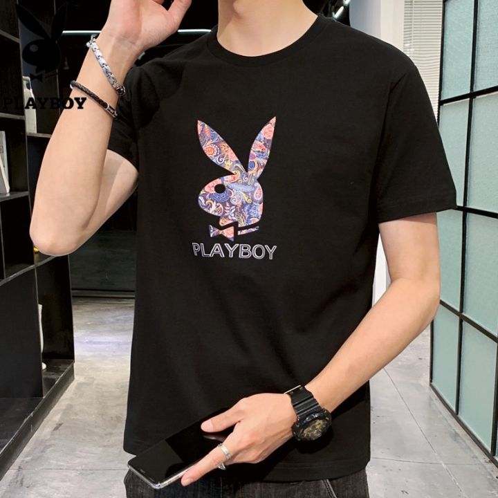 playboy-เสื้อยืดแขนสั้นผู้ชาย-แฟชั่นแนวเกาหลีหลวมผ้าฝ้ายหล่อ