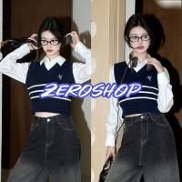 Zero shop?พร้อมส่ง? (Zero-03041) เสื้อแขนยาว+กั๊กไหมพรม เย็บติดกัน สไตล์เกาหลี -C