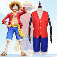 อะนิเมะญี่ปุ่นลูฟี่เครื่องแต่งกายผู้ใหญ่คนลิง D. Luffy สีแดงเสื้อกั๊กกางเกงชุดสีฟ้าฮาโลวีนปาร์ตี้แต่งตัว