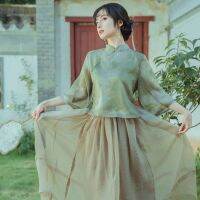 สไตล์วินเทจของผู้หญิง Zen tea suit cheongsam two-piece daily improvement of hanfu literary textual show thin tender summer dress