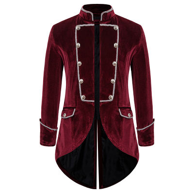 Mens Steampunk Tailcoat Jacket Gothic Victorian Frock Coat Party Cosplay Prom Costume Homme Vintage Wine Red Velvet Blazer Men