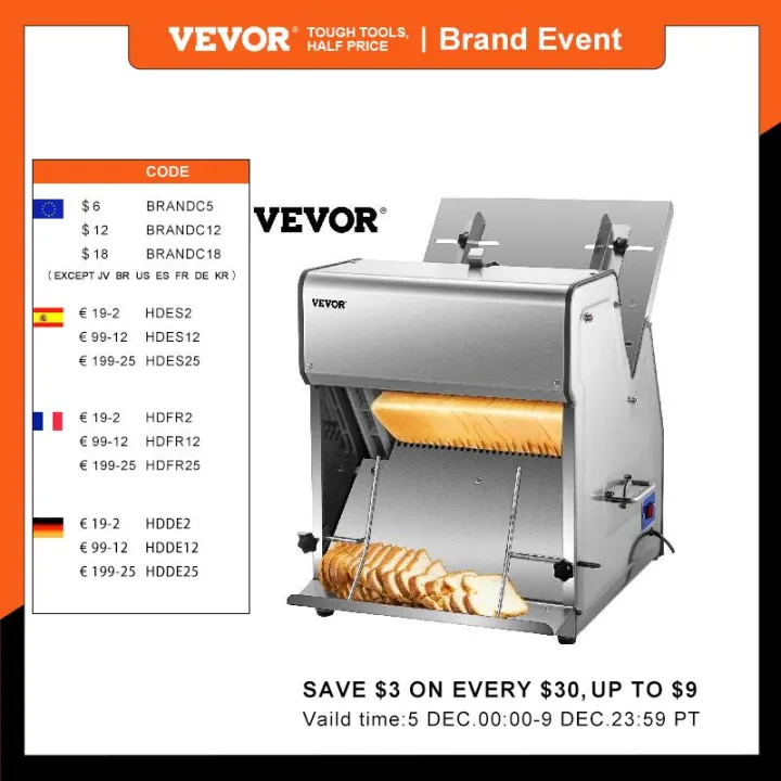 VEVOR Commercial Bread Slicer 370W Stainless Steel 12Mm Blades Electric
