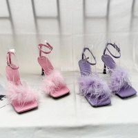 Summer Fluffy Furry Women Slippers Lady Gladiator Sandals Party Banquet Mules High Heels Slides Shoes Sandália Salto Quadrado