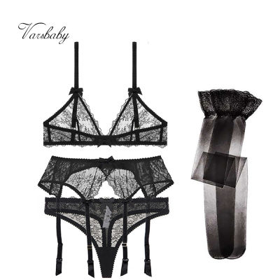 Varsbaby new arrival sexy lace transparent unlined deep V underwear set bra+thongs+garters+stockings 4 pcs
