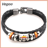 Vegoo ของขวัญคริสต์มาสสร้อยข้อมือโจรสลัดผู้ชายผู้หญิงพังค์สีดำกำไลสร้อยเปียหนังอะนิเมะ