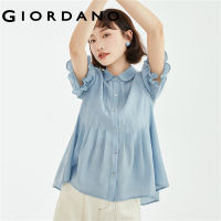 GIORDANO Women Shirts Acetate Chiffon Lightweight Shirts Crewneck Ruffle Short Sleeve Fashion Casual Pleated Shirts 18343606