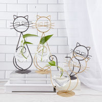 1PCS Hydroponic Plant Vases Cute Cat Shaped Flower Pot Transparent Vase With Iron Frame Glass Tabletop Plants Home Bonsai Decor