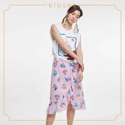 Kloset Design Summer Lover Midi Skirt With Ruffles (RS20-S004) กระโปรงผ้าพิมพ์ กระโปรงแฟชั่น กระโปรงผ้าชีฟอง