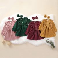 2021 Autumn Infant Kids Baby Girls Dress Headband 2pcs Solid Ruffles Long Sleeve Corduroy Bowknot Button A-Line Toddler Dress  by Hs2023