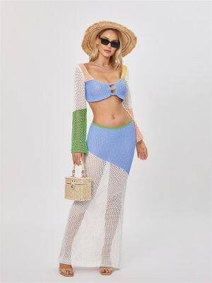 ‘；’ Knit Sets Two Piece Skirt Outfits For Women Hollow Out Long Sleeve Crop Top Bodycon Dress Summer  Retro Y2K Aesthetic Set