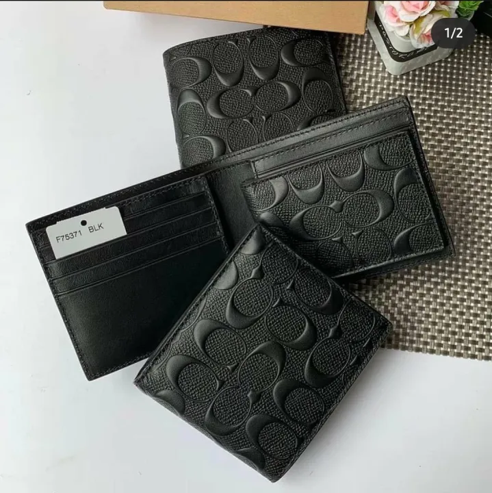 Coach Men’s Slim Wallet F75371 Compact ID BillFold Wallet in Black Signature Crossgrain