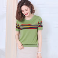 Rainbow Striped Summer Thin Short Sleeve Cotton Pullover 2021 Women O-Neck Red Black Knitted Tops Casual Elasticity Green Jumper