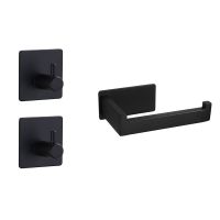 Black Stainless Steel Tissue Holder Set Self Adhesive Wall Mounted Tissue Holder with 2 Hooks for Bathroom or Kitchen