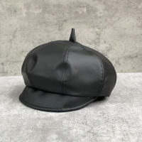 ? Japanese Style Short Brim Black Octagonal Hat Womens Spring And Autumn Beret Pu Leather Painter Cap Show Face Small Fashion Newsboy Cap