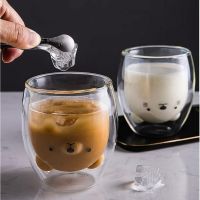 ∈♚❁ Creative Cute Bear Double-layer Coffee Mug Double Glass Cup Carton Animal Milk Glass Lady Cute Gift Christmas Gift