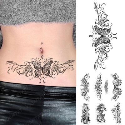 【YF】 Line Butterfly Flowers Waterproof Temporary Tattoo Sticker Henna Black Simple Tatto Body Art Women Men Arm Fake Sleeve Tattoos