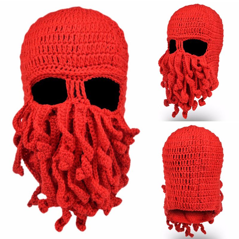 geneic Men Women Creative Funny Tentacle Octopus Knitted Hat Long Beard Beanie Cap Balaclava Winter Warm Halloween Costume Cosplay Mask 