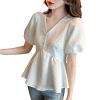 Spot parcel post Womens Chiffon Shirt Summer Wear 2023 New Beautiful Small Shirt Tight Waist Fashionable Anti-Aging Tummy Hiding Short Sleeve Top