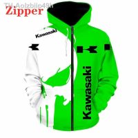 Aolzbiip49h 2023 ใหม่แฟชั่นKAWASAKIโลโก้Hoodie 3Dพิมพ์ดิจิตอลผู้ชายกีฬาHarajukuเสื้อลำลองเสื้อผ้ารถจักรยานยนต์ZipสีเขียวHoodi