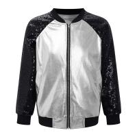 spring new Kids Girls Shiny Sequins Patchwork Outerwear V Stand Collar Long Sleeve Zipper Closure Front Bronzing Cloth Jacket