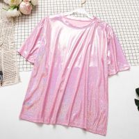 Shiny Short Sleeve Round Neck t-Shirt Top Women Fashion Bottoming Shirt