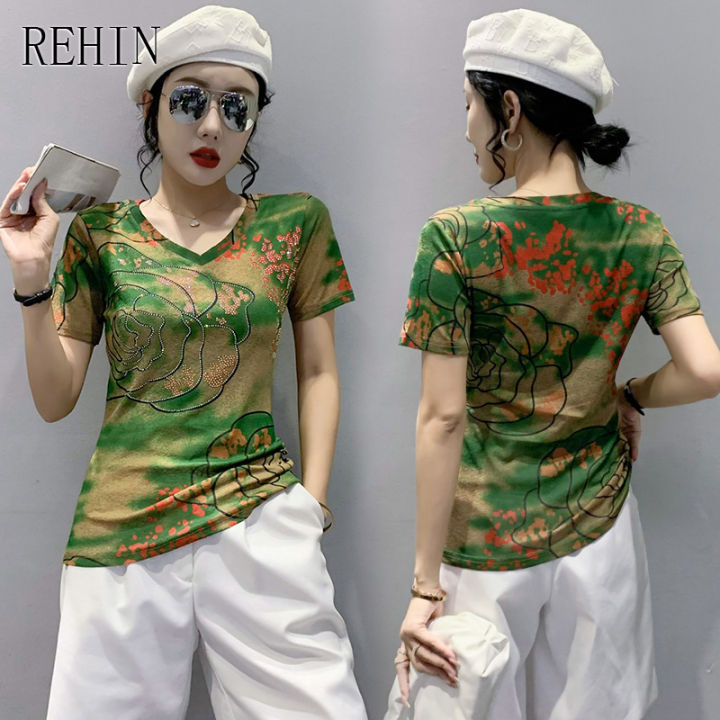 rehin-ของผู้หญิงด้านบนคอวีเจาะร้อนพิมพ์แขนสั้นเสื้อยืดเวอร์ชั่นเกาหลีใหม่สลิมฟิต-s-3xl-สง่างามเสื้อ