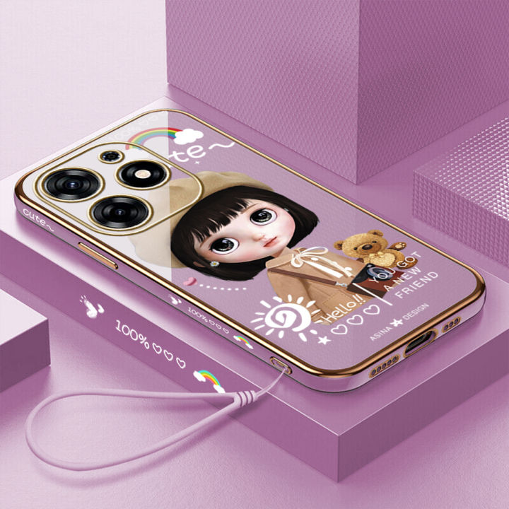 คลังสินค้าพร้อม-เคสเคสมือถือสำหรับ-tecno-spark-10-pro-พร้อมฟรีสายคล้อง-การ์ตูนสาวน่ารักขอบสี่เหลี่ยมชุบเคลือบเคสนิ่มฝาหลัง