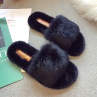 [NEW EXPRESS] Women Autumn Winter Casual Fur Slippers Flat Non-slip Solid Real Fox Slides Fluffy Ladies Shoes Woman