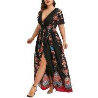 Plus Size Fashion Women Butterfly Printed V-Neck Short Sleeve Casual Long Dress