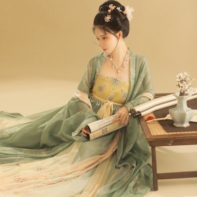 จีนโบราณดั้งเดิมผู้หญิงชุดฮันฟู Fairy เย็บปักถักร้อย Stage ส้อมชุดเต้นรำ Retro Tang Dynasty Hanfu