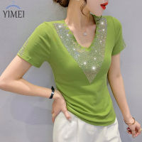 YIMEI เสื้อยืดผู้หญิงลายกวางโจวสวยๆสำหรับ2023ฤดูร้อนเสื้อคอวีเข้ารูปสุดฮอตเสื้อยืดผู้หญิงผ้าคอตตอนอุตสาหกรรมหนักสุดฮอตประดับเพชร