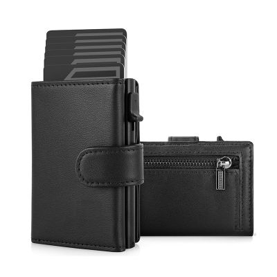 Card Holder Wallet Slim Minimalist Pop Up Leather Men Wallets RFID Blocking Metal Bank Card Case with Coins Pocket